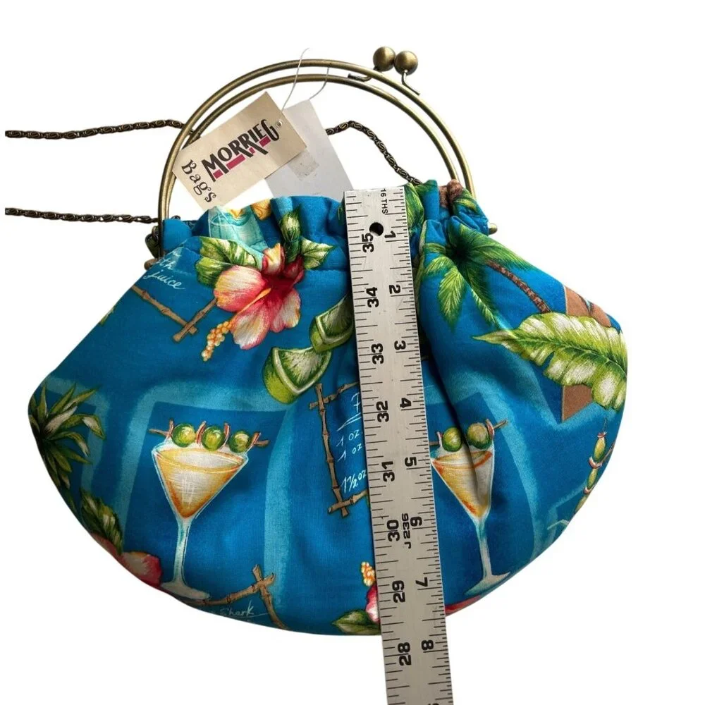 Morrieg Tropical Print Metal Frame Chain Strap Blue Floral Cocktail Design Bag - Picture 5 of 8